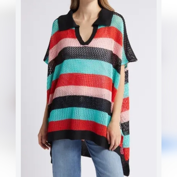 NEW Free People Boho Colorful Multi Stripe Open Crochet Knit Poncho O/S - Picture 1 of 9